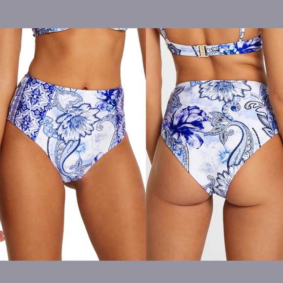 NEW RIVER ISLAND [ 10 US ] Floral High Waist Bikini‎ Bottoms In Blue - Picture 1 of 12